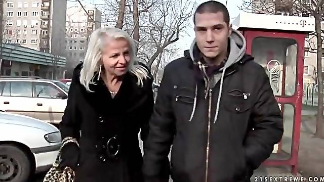 Mature kissing her man in public and at home