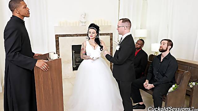 Groom watches his BBW bride banged by others on the wedding day
