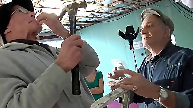 Lucky old bastards pumps a skinny slutty teen