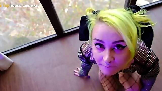 Beauty with bright hairs Forest Whore swallows cum after oral sex