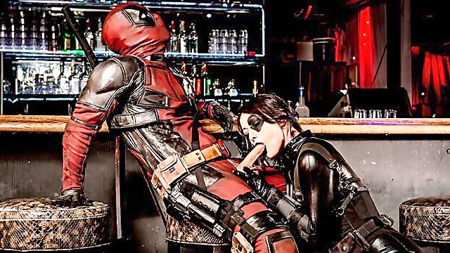 Playful brunette Jennifer White is sucking a super-heros dick