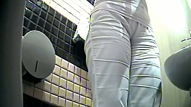 Chubby pale skin mature white woman in the public toilet room