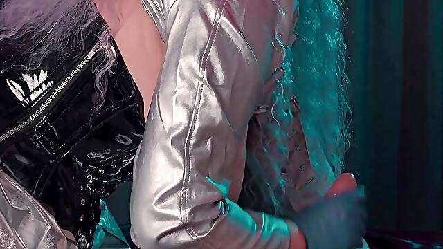Medical Glove Femdom Handjob - Curvy MILF in PVC Thigh High Boots & FemDom Corset Edges & Milks Skinny Guy’s Huge Cock
