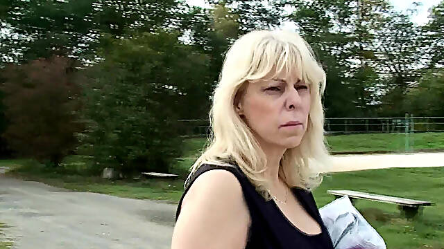 Blonde old grandma rides his horny cock on public