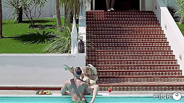 Filthy rich, blonde woman, Marica Chanelle is having a mmf threesome during a short vacation