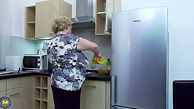 Nasty, blonde granny, Haline likes to have sex with a much younger guy, until she eats cum