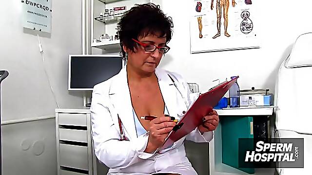 Aroused nurse can't hold back from playing with gyno equipment, because she wants to cum