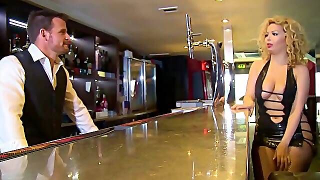 Seductive blonde in erotic, black costume and fishnets, Aruba Jasmine got fucked hard, on the stage