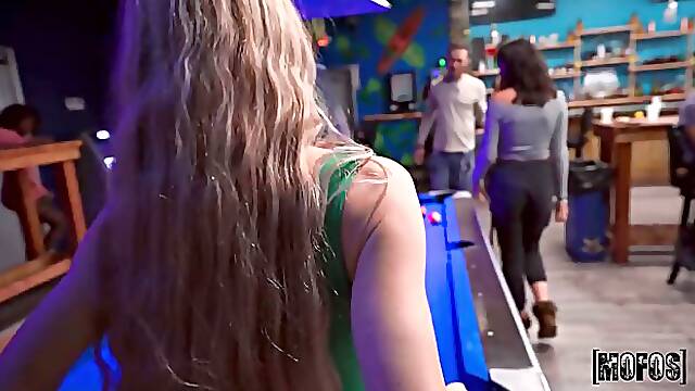 Big boobed blonde MILF Angel Wave sucks and rides on public in the sports bar