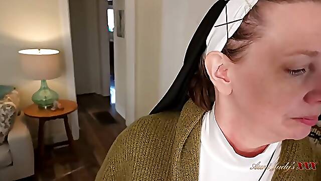 Old nune sucks young cock and gets fucked on the stairs