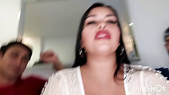 Big tits Latina MILF seduced by two guys