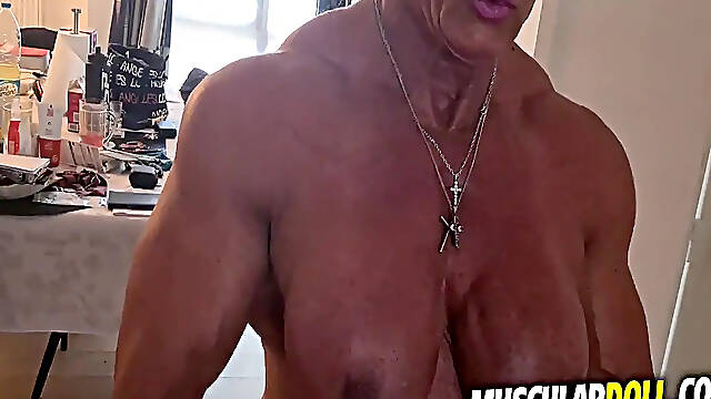 Big tit muscle MILF works out fully nude