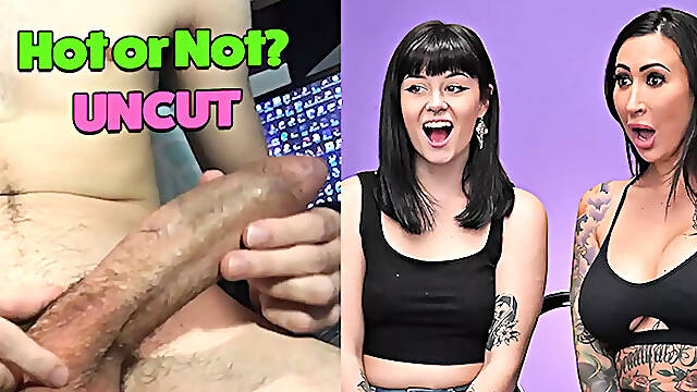Hot MILF jerks off huge uncut cock and reacts to cum
