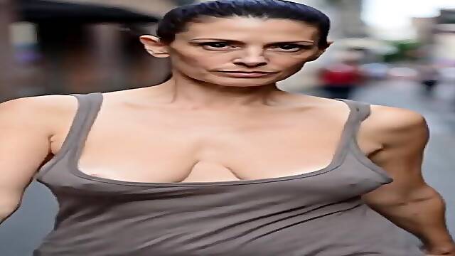 Busty MILFs bounce their massive natural tits while braless in public