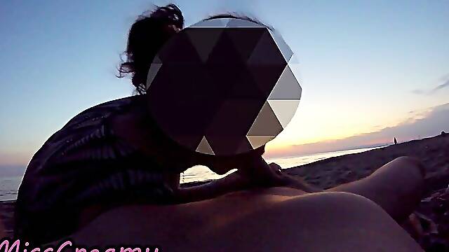 French MILF teaches naughty public blowjob tricks at Maspalomas nude beach