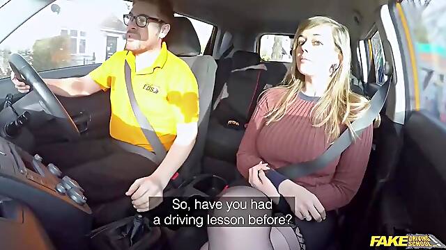Chubby blonde with big tits, Madison Stuart is using her driving lessons to get a casual fuck