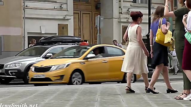 Jeny Smith walks in public with transparent shorts. Real flashing moments