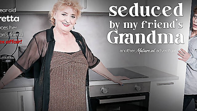 Curvy 72 year old granny Noretta seduces her grandson's best friend to fuck her hard on the couch