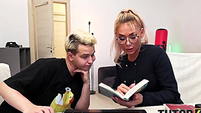 TUTOR4K. MILF tutor in stockings got so mad and then so horny so she tried 2 dicks at the same time