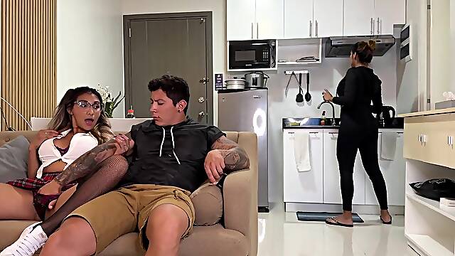 Wicked college beauty screws her mommys boyfriend on the bed in front of her!