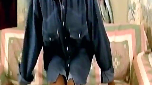 Chick Widens Legs and Teases in Open Denim Shirt