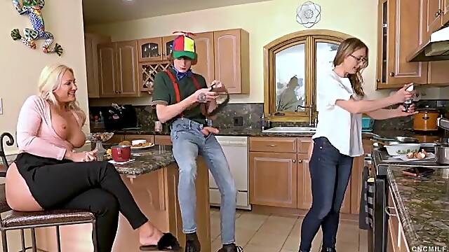 Horny Stepmom and Stepaunt Keep Their Vaginas Out and Willing for Spikey to Screw