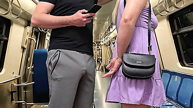 Watching how my wife is touched in public. This babe jerk off strangers erection on crowded subway