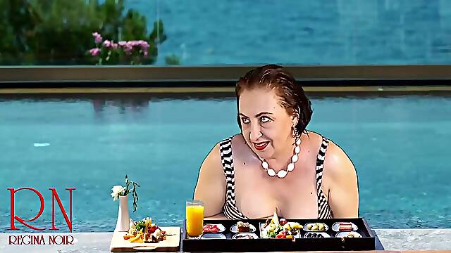 Regina Noir. Melons teasing at swimming pool. Nudist hotel. Nudism outdoors.