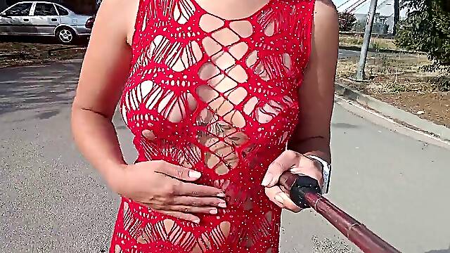 Lace sundress displaying jugs and pussy in public