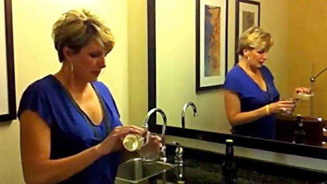 Hot blonde milf teasing sucking dick and drink cum