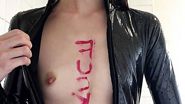 Hot blonde slut strips out of latex cat suit in shower