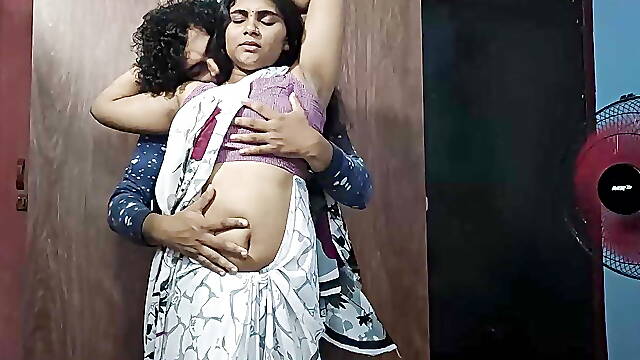 Vaishnavy and Sharun Raj hot saree romance part 2, Neck lick romance with lip lock and boobs press, Mallu couple hot boobs press
