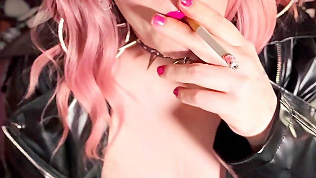 Hot Wife Tina Snua Goes Braless Under A Leather Jacket &amp; Smokes A Cigarette - Snap Inhales OMI OME Drifting Smoke Rings