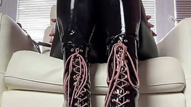 Crawl at my boots, hot mistress Kate in her latex and high heel boots