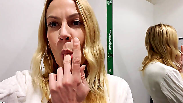 Blonde Slut with Plug in Ass in the Locker Room