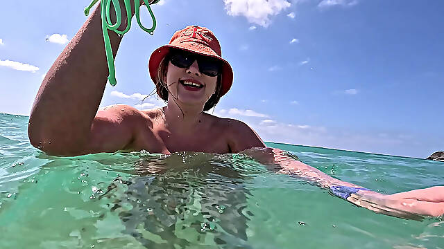 Naughty Blonde Pees in the Ocean Outdoor and Swimming Underwater