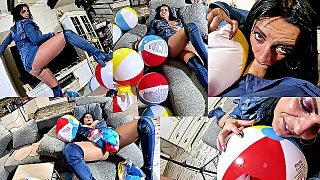 Dominant Denim MILF Beach Ball Fetish. Deepthroat, Popping, Doggy and Double Cum