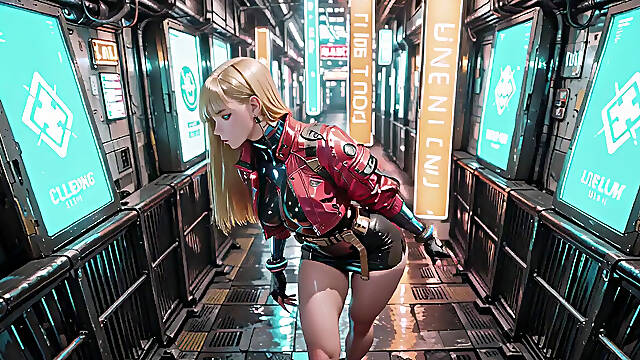 Cyber Queens Wet Fantasy! Red leather jacket glistening under neon rain, kneeling pose that breaks the armor