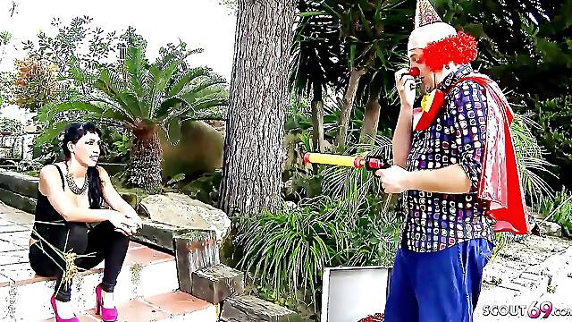 Clown comforts sexy skinny Suhaila Hard with his big cock