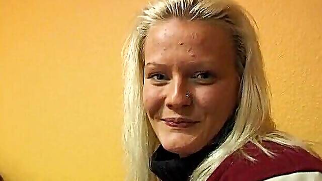 Pierced blonde beauty rubs her clit and blows big dong