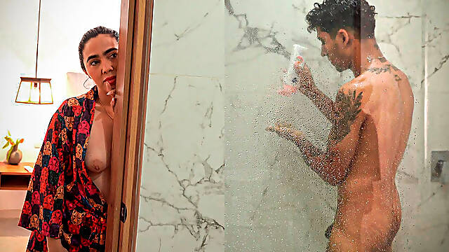 Big Ass Stepmom Ends up Fucking Her Slim Stepson After Sniffing Him in the Shower