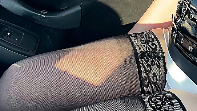 Latex Mini Dress in Car Sexy Stockings and "whore" Necklace