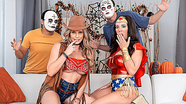 Busty Stepmoms Cory Chase and Elizabeth Skylar Were Fucked Hard by Stepsons' Huge Dicks During Halloween Orgy